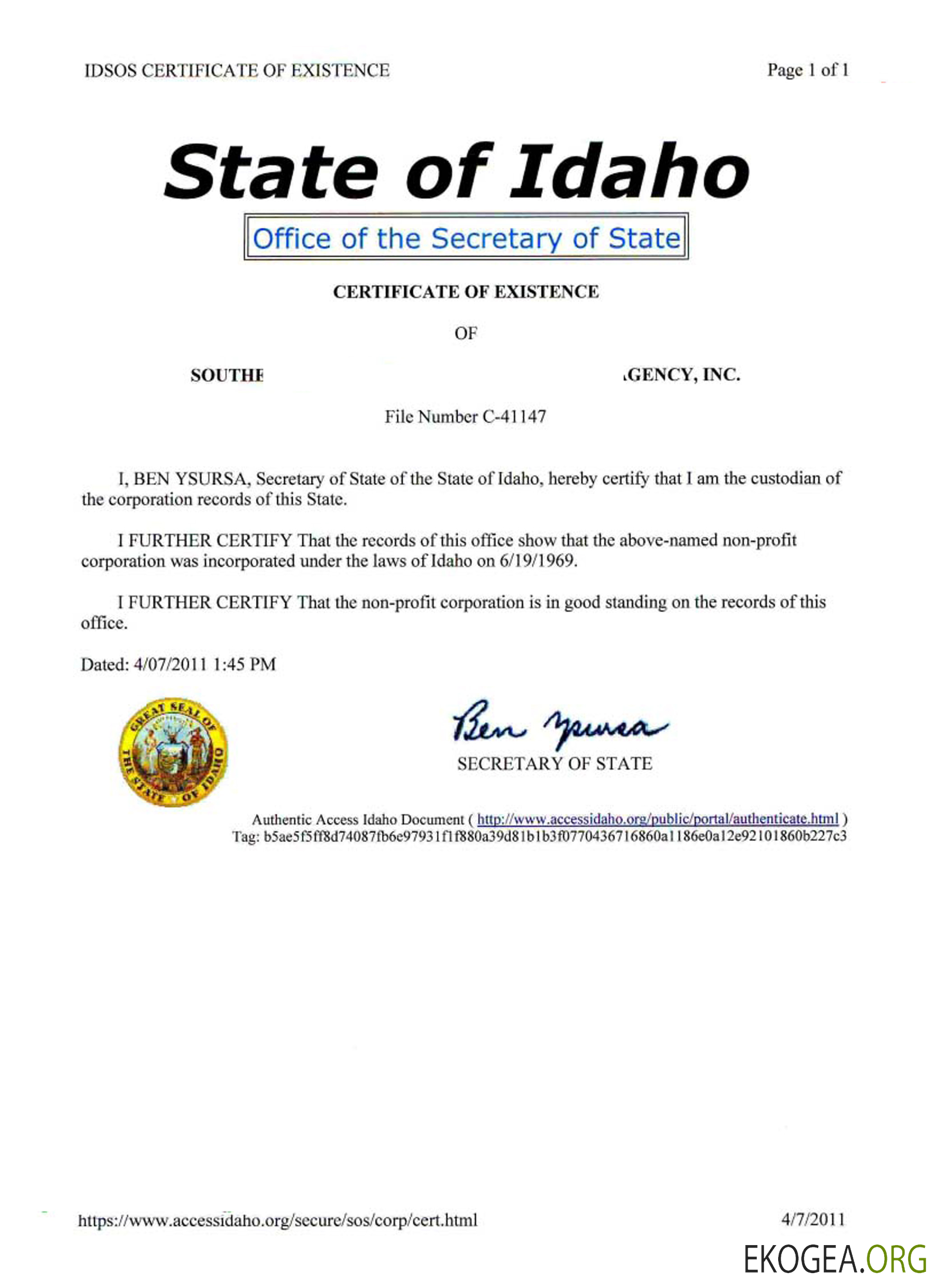 Certificat de bonne réputation USA Idaho